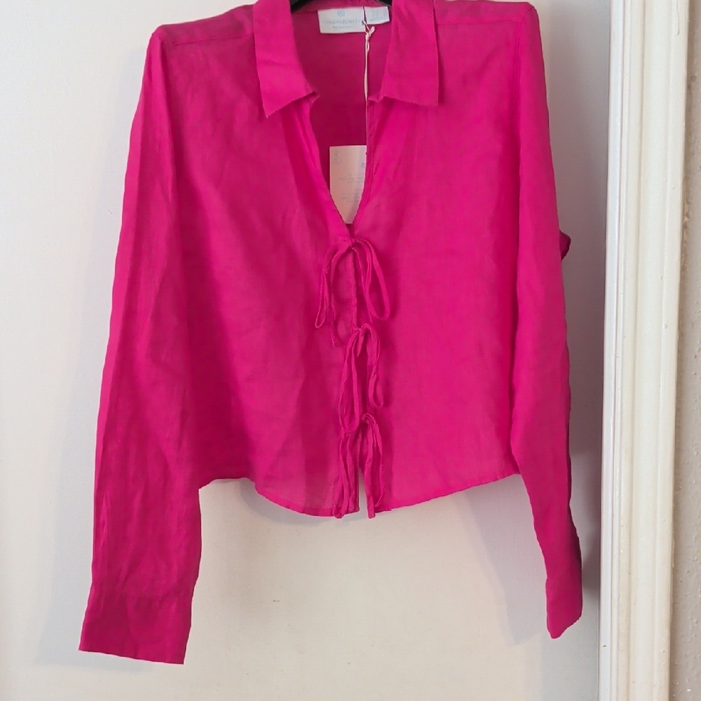 Cynthia Rowley Hot Pink Tie-Front Button Down Linen Shirt